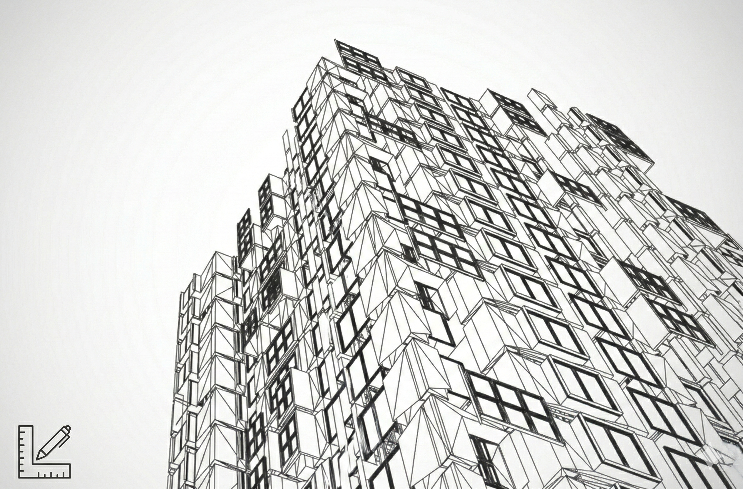 Modern architectural structure and blueprints